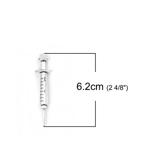 Picture of Zinc Based Alloy Pendants Syringe Antique Silver Color 62mm(2 4/8") x 15mm( 5/8"), 10 PCs