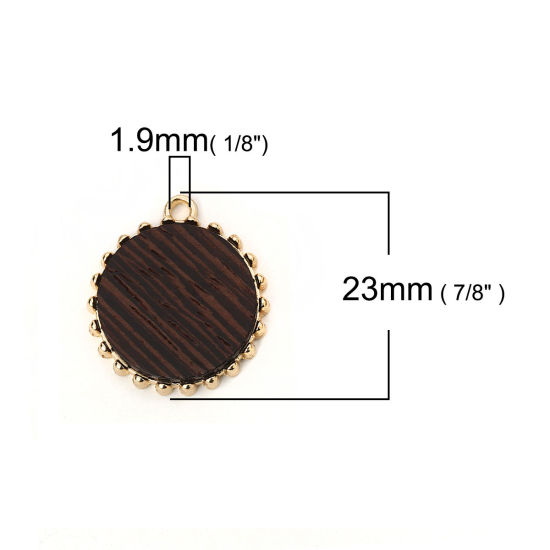 Picture of Zinc Based Alloy & Natural Wood Charms Round Disc Gold Plated Coffee 23mm( 7/8") x 21mm( 7/8"), 5 PCs
