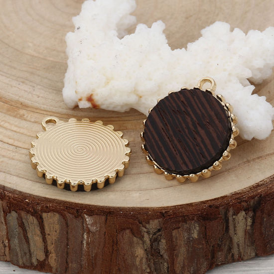 Picture of Zinc Based Alloy & Natural Wood Charms Round Disc Gold Plated Coffee 23mm( 7/8") x 21mm( 7/8"), 5 PCs