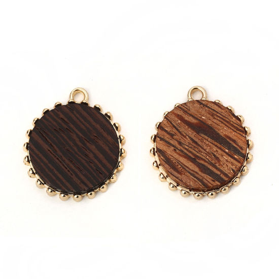 Picture of Zinc Based Alloy & Natural Wood Charms Round Disc Gold Plated Coffee 23mm( 7/8") x 21mm( 7/8"), 5 PCs