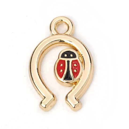 Picture of Zinc Based Alloy Charms U-shaped Gold Plated Red Ladybird Enamel 17mm( 5/8") x 12mm( 4/8"), 5 PCs