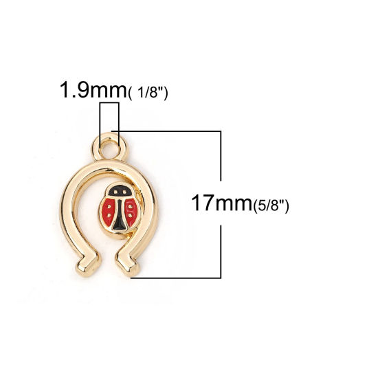 Picture of Zinc Based Alloy Charms U-shaped Gold Plated Red Ladybird Enamel 17mm( 5/8") x 12mm( 4/8"), 5 PCs