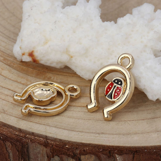 Picture of Zinc Based Alloy Charms U-shaped Gold Plated Red Ladybird Enamel 17mm( 5/8") x 12mm( 4/8"), 5 PCs