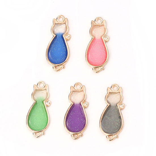 Picture of Zinc Based Alloy Charms Cat Animal Gold Plated Gray Enamel Glitter 27mm(1 1/8") x 11mm( 3/8"), 10 PCs