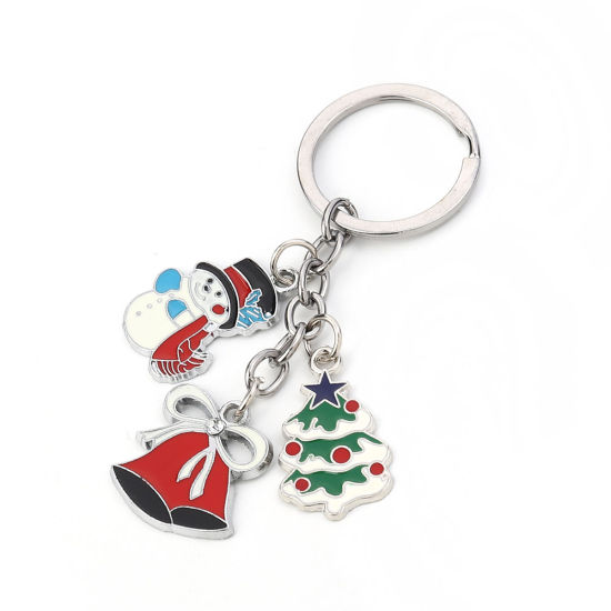 Picture of Keychain & Keyring Christmas Jingle Bell Silver Tone White & Red Christmas Snowman Enamel 9.3cm x 3cm, 1 Piece