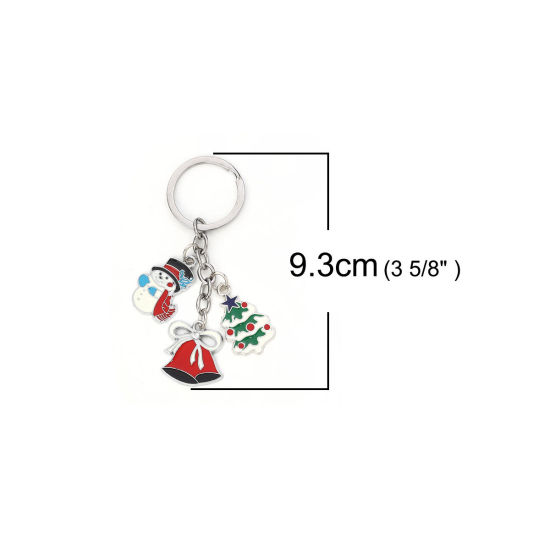 Picture of Keychain & Keyring Christmas Jingle Bell Silver Tone White & Red Christmas Snowman Enamel 9.3cm x 3cm, 1 Piece