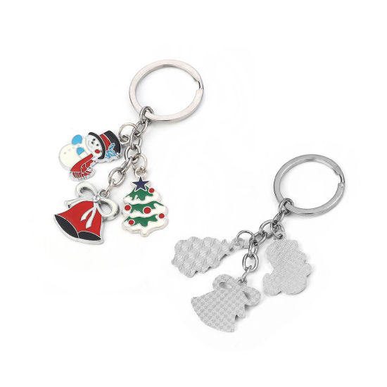 Picture of Keychain & Keyring Christmas Jingle Bell Silver Tone White & Red Christmas Snowman Enamel 9.3cm x 3cm, 1 Piece