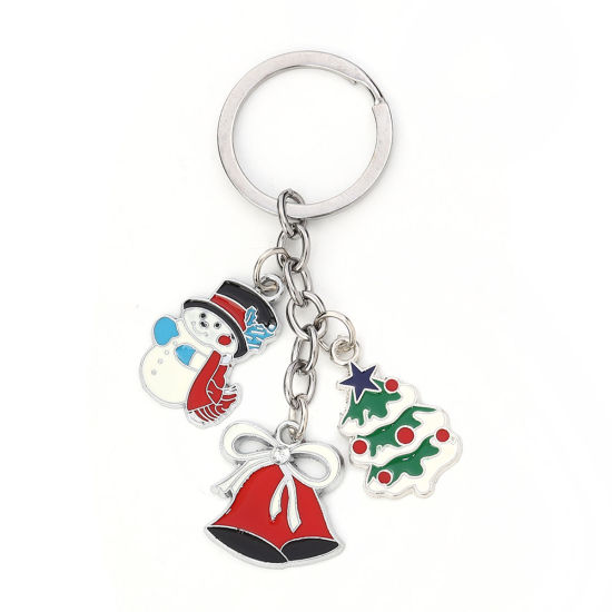 Picture of Keychain & Keyring Christmas Jingle Bell Silver Tone White & Red Christmas Snowman Enamel 9.3cm x 3cm, 1 Piece