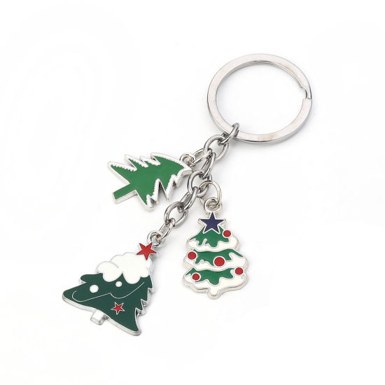 Picture of Keychain & Keyring Christmas Tree Silver Tone White & Green Enamel 10cm x 3cm, 1 Piece
