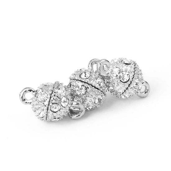 Picture of Zinc Based Alloy Magnetic Clasps Ball Silver Tone Clear Rhinestone 14mm x 9mm, 5 Sets