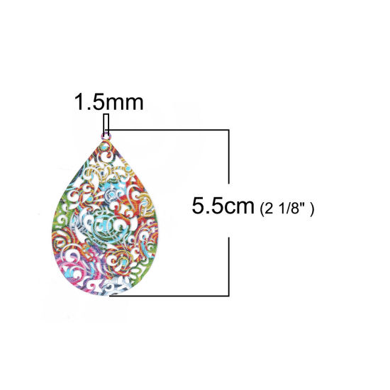 Image de Pendentifs Peinture en Émail en Laiton Goutte d'Eau Multicolore Estampe en Filigrane 55mm x 34mm, 5 Pcs                                                                                                                                                       