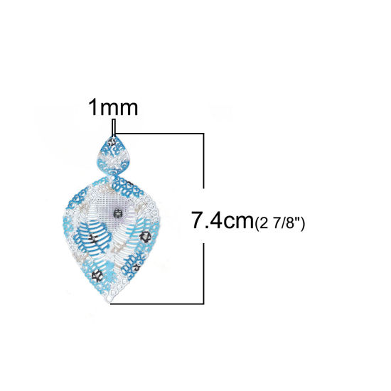 Image de Pendentifs Peinture en Émail en Laiton Goutte d'Eau Bleu Estampe en Filigrane 74mm x 41mm, 5 Pcs                                                                                                                                                              