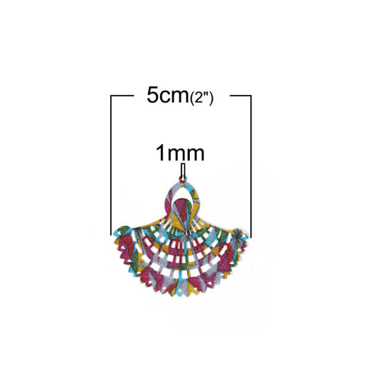 Image de Pendentifs Peinture en Émail en Laiton Eventail Multicolore Estampe en Filigrane 50mm x 46mm, 5 Pcs                                                                                                                                                           