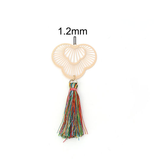 Immagine di Ottone & Poliestere Ciondoli Oro Placcato Multicolore A Forma di Ventagli Nappine Filigree Stamping 8.3cm x 3.6cm, 5 Pz