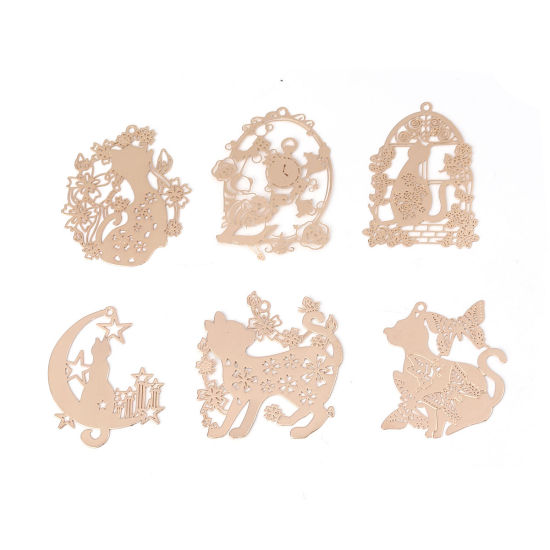 Picture of Brass Filigree Stamping Pendants KC Gold Plated Cat Animal Flower 31mm x 28mm, 5 PCs                                                                                                                                                                          