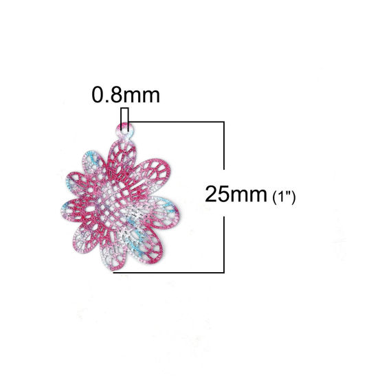 Bild von Messing Emailmalerei Charms Sonnenblume Rosa Filigran Stempel Verzierung 25mm x 19mm, 5 Stück                                                                                                                                                                 