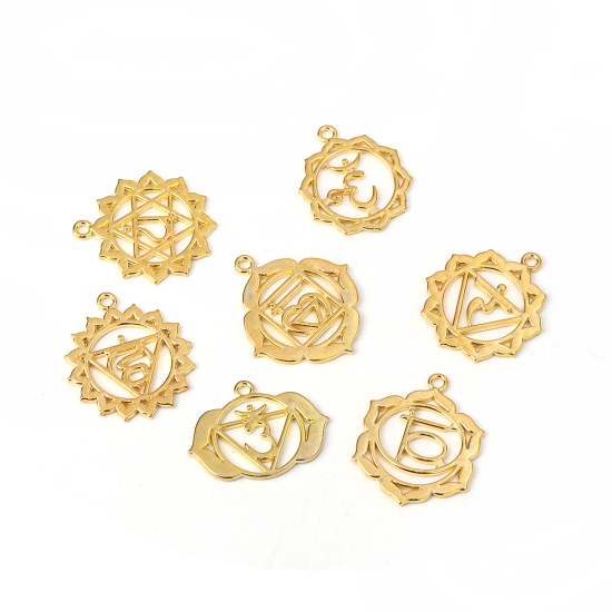 Picture of Zinc Based Alloy Yoga Healing Pendants Flower Gold Plated 3.7cm x3.3cm(1 4/8" x1 2/8") - 3.2cm x2.6cm(1 2/8" x1"), 2 Sets ( 7 PCs/Set)