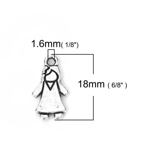 Bild von Zinklegierung Charms Mädchen Antiksilber 18mm x 10mm, 100 Stück
