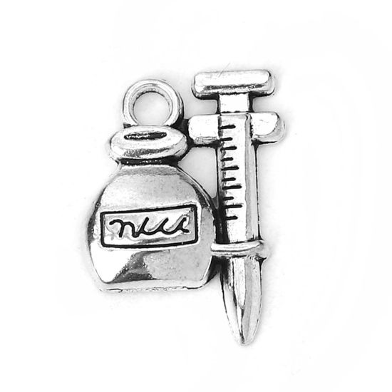 Picture of Zinc Based Alloy Charms Syringe Antique Silver Color 18mm( 6/8") x 13mm( 4/8"), 50 PCs