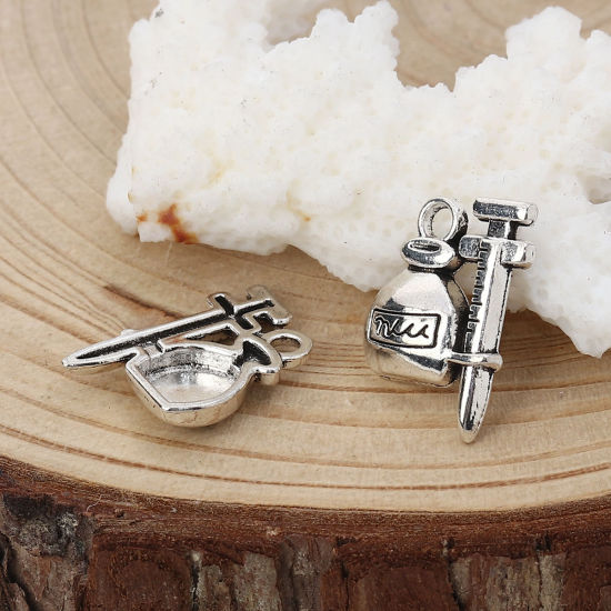 Picture of Zinc Based Alloy Charms Syringe Antique Silver Color 18mm( 6/8") x 13mm( 4/8"), 50 PCs