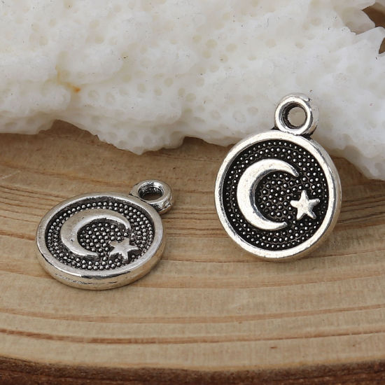 Image de Breloques Religieux en Alliage de Zinc Rond Argent Vieilli Lune 12mm x 10mm, 100 Pcs