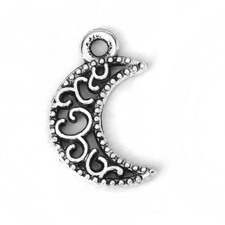 Picture of Zinc Based Alloy Galaxy Charms Half Moon Antique Silver Color 18mm( 6/8") x 11mm( 3/8"), 100 PCs
