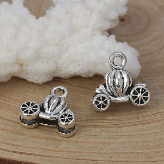 Imagen de Zamak Halloween Colgantes Charms Calabaza Coche Plata Antigua 14mm x 13mm, 50 Unidades