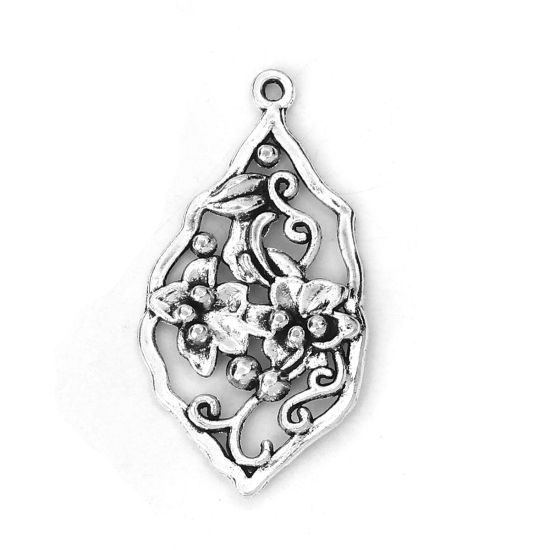 Bild von Zinklegierung Anhänger Blätter Antiksilber Blumen 35mm x 18mm, 30 Stück