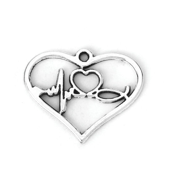 Image de Pendentifs en Alliage de Zinc Cœur Electrocardiogramme Argent Vieilli 31mm x 25mm, 30 Pcs