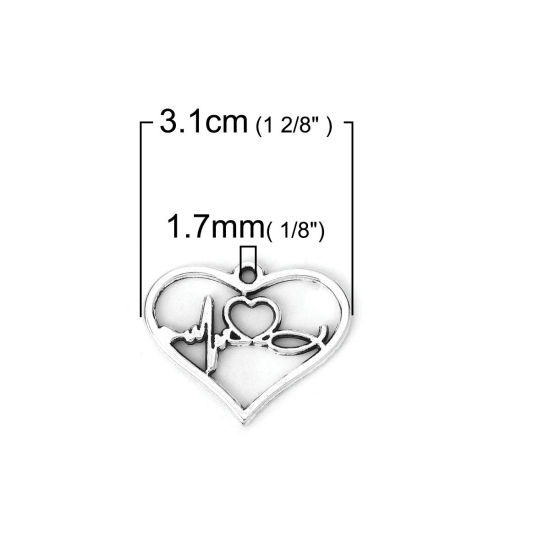 Image de Pendentifs en Alliage de Zinc Cœur Electrocardiogramme Argent Vieilli 31mm x 25mm, 30 Pcs