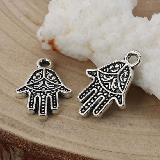 Picture of Zinc Based Alloy Charms Hamsa Symbol Hand Antique Silver Color 19mm( 6/8") x 13mm( 4/8"), 50 PCs