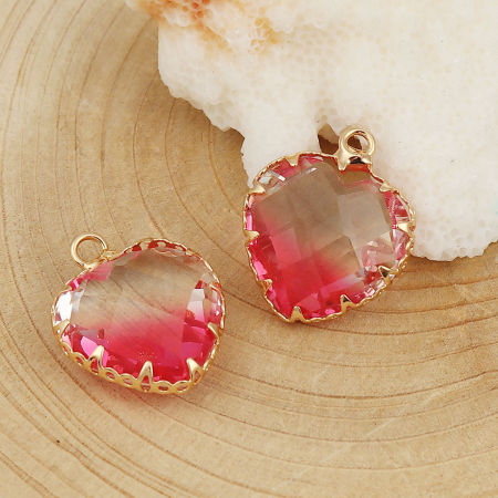 Picture of Brass & Glass Charms Heart Gold Plated Pink Faceted 19mm( 6/8") x 17mm( 5/8"), 3 PCs