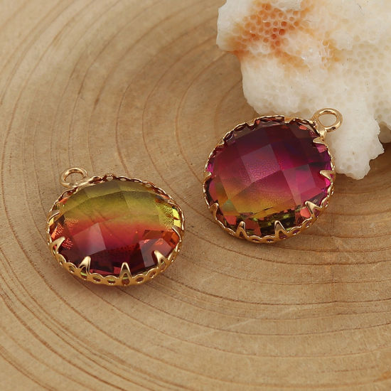 Picture of Copper & Glass Charms Round Gold Plated Fuchsia & Yellow Faceted 21mm( 7/8") x 17mm( 5/8"), 3 PCs