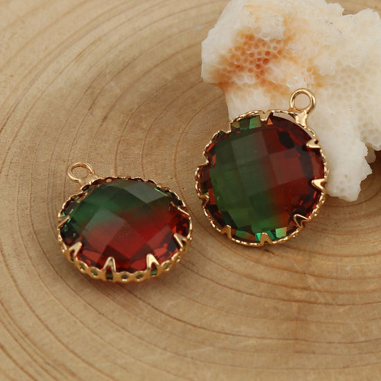 Immagine di Ottone + Vetro Charms Tondo Oro Placcato Rosso Arancione Sfaccettato 21mmx 17mm, 3 Pz