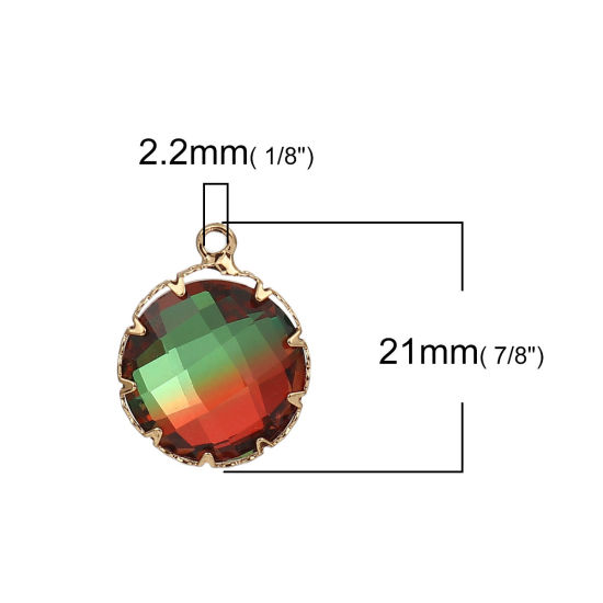 Immagine di Ottone + Vetro Charms Tondo Oro Placcato Rosso Arancione Sfaccettato 21mmx 17mm, 3 Pz