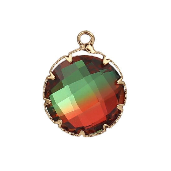 Immagine di Ottone + Vetro Charms Tondo Oro Placcato Rosso Arancione Sfaccettato 21mmx 17mm, 3 Pz