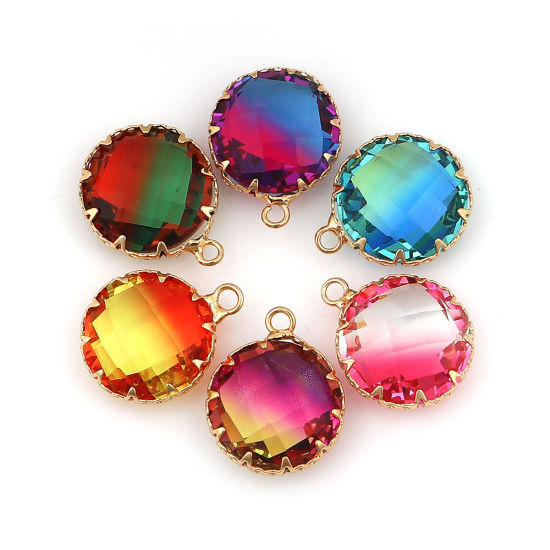 Immagine di Ottone + Vetro Charms Tondo Oro Placcato Rosso Arancione Sfaccettato 21mmx 17mm, 3 Pz