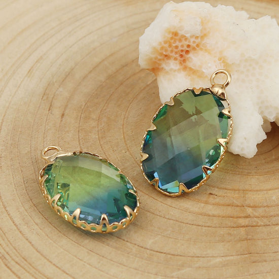 Picture of Copper & Glass Charms Oval Gold Plated Blue & Green Faceted 23mm( 7/8") x 14mm( 4/8"), 3 PCs