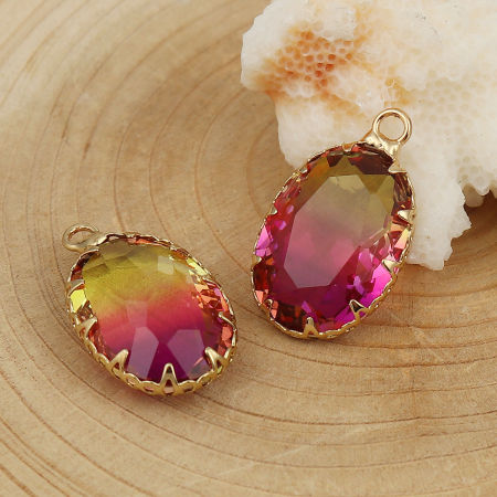Picture of Brass & Glass Charms Oval Gold Plated Fuchsia & Yellow Faceted 23mm( 7/8") x 14mm( 4/8"), 3 PCs