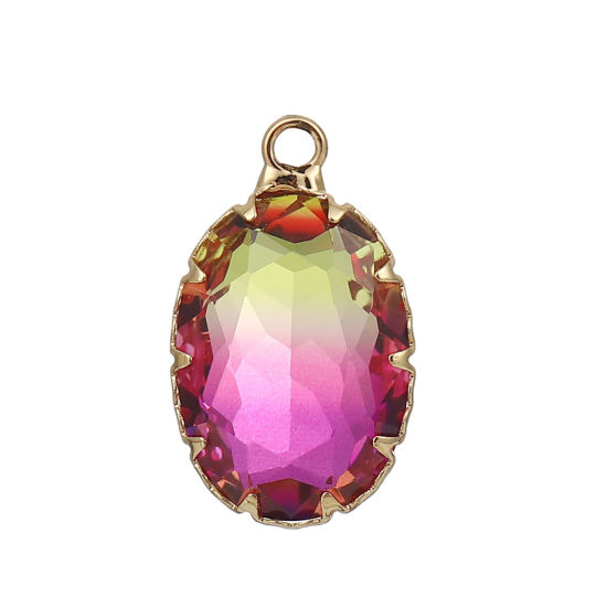 Immagine di Ottone + Vetro Charms Ovale Oro Placcato Colore Fuscia Sfaccettato 23mmx 14mm, 3 Pz