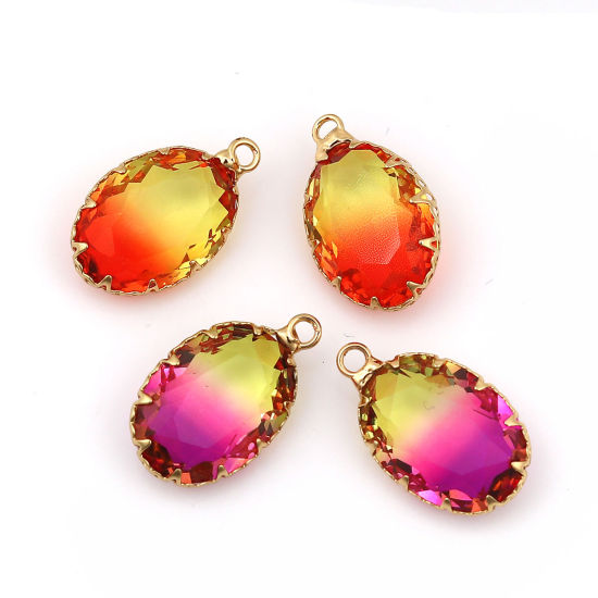 Immagine di Ottone + Vetro Charms Ovale Oro Placcato Colore Fuscia Sfaccettato 23mmx 14mm, 3 Pz