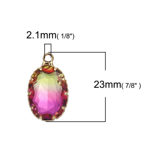 Immagine di Ottone + Vetro Charms Ovale Oro Placcato Colore Fuscia Sfaccettato 23mmx 14mm, 3 Pz