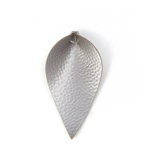 Picture of PU Leather Pendants Leaf Silver-gray W/ Jump Ring 63mm(2 4/8") x 32mm(1 2/8"), 20 PCs