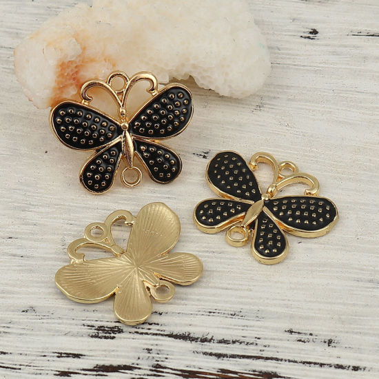 Picture of Zinc Based Alloy Connectors Butterfly Animal Gold Plated Black Enamel 25mm x 20mm, 10 PCs