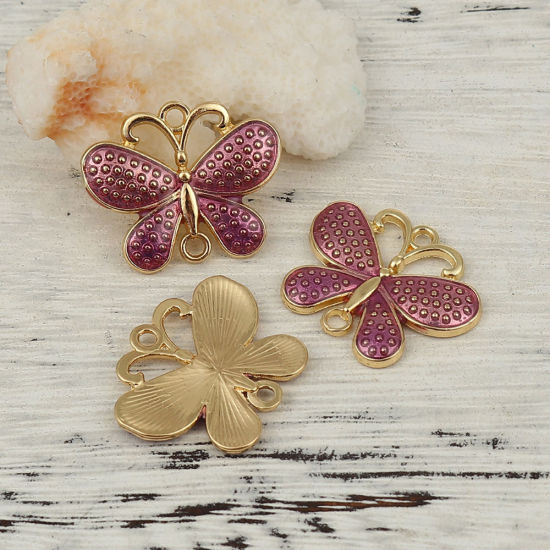 Picture of Zinc Based Alloy Connectors Butterfly Animal Gold Plated Orange Pink Enamel 25mm x 20mm, 10 PCs