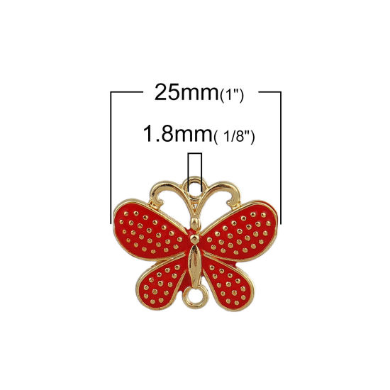 Picture of Zinc Based Alloy Connectors Butterfly Animal Gold Plated Red Enamel 25mm x 20mm, 10 PCs