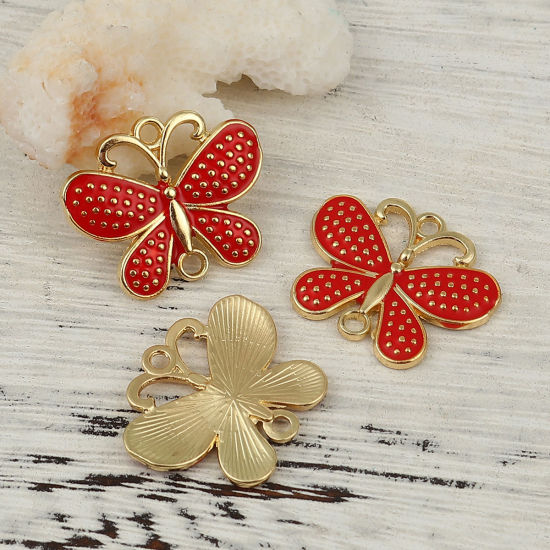Picture of Zinc Based Alloy Connectors Butterfly Animal Gold Plated Red Enamel 25mm x 20mm, 10 PCs