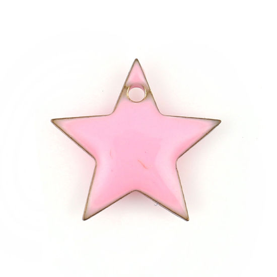 Picture of Brass Charms Pentagram Star Gold Plated Pink Enamel 12mm( 4/8") x 11mm( 3/8"), 10 PCs