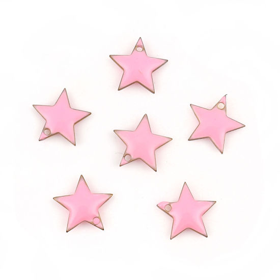 Picture of Brass Charms Pentagram Star Gold Plated Pink Enamel 12mm( 4/8") x 11mm( 3/8"), 10 PCs