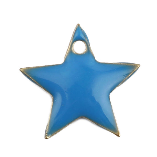 Image de Breloques en Laiton Etoile Doré Bleu Email 12mm x 11mm, 10 Pcs